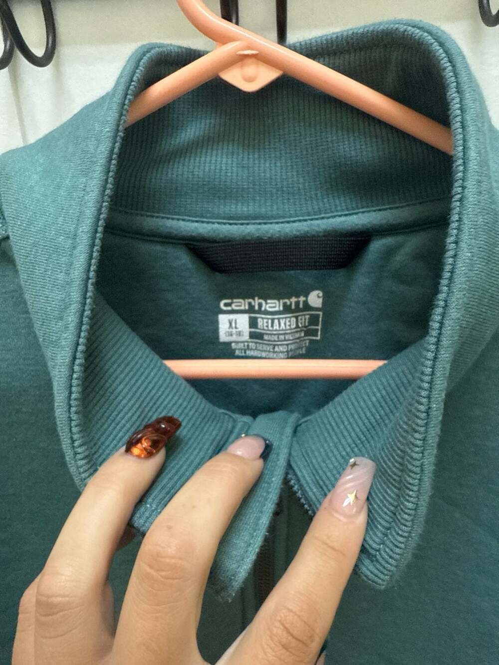 Carhartt Women's Relaxed Fit Quarter-Zip Sweatshirt in Heather Jade - Picture 2 of 3